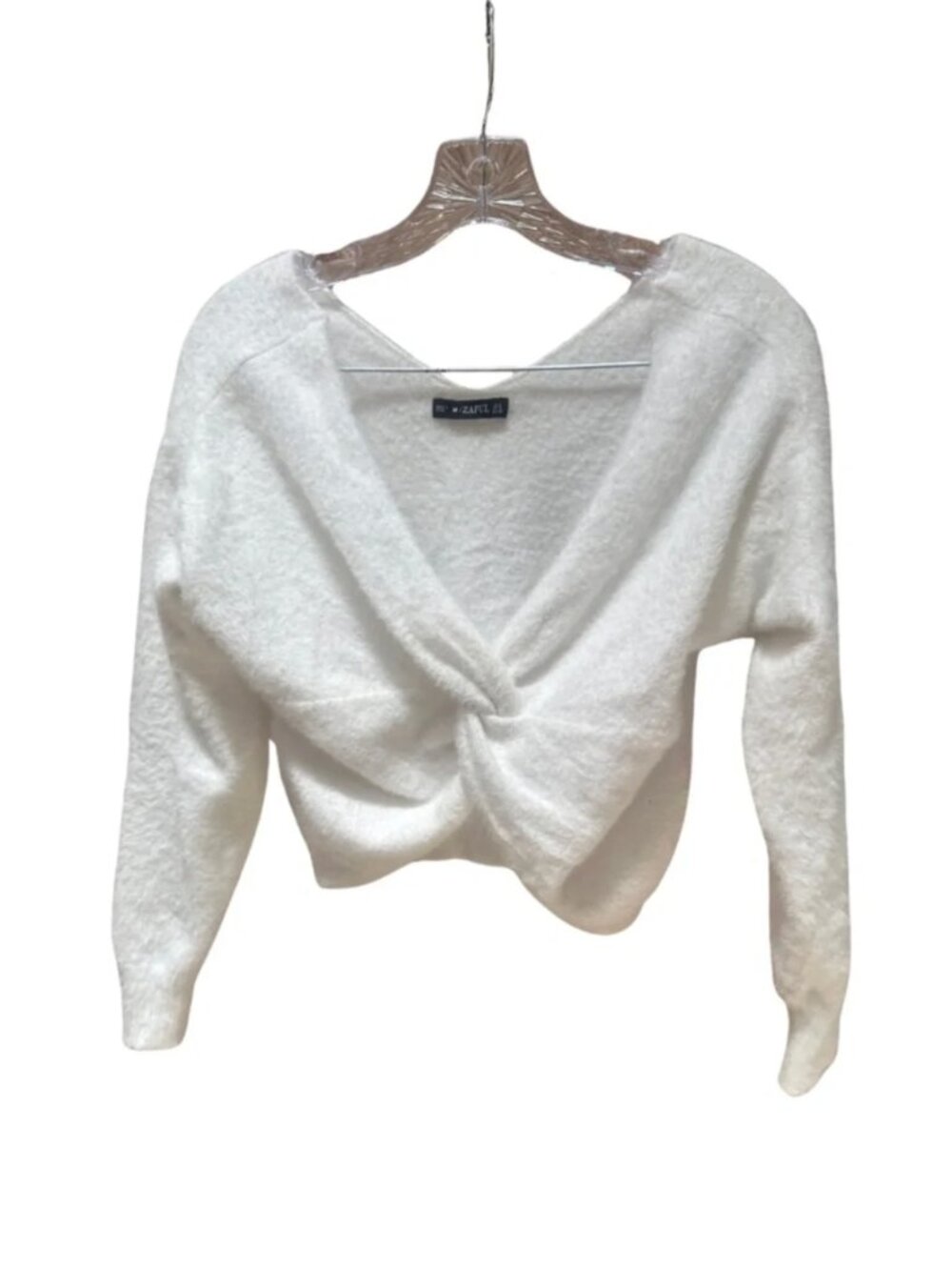 Zaful White Fuzzy Crossover Cropped Sweater - Women's Medium